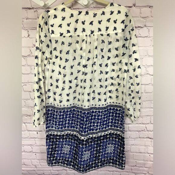 Boden Cotton BLUE WHITE Boho Coastal Patterned Tunic Beach Dress Cover Up Size 6 - Picture 2 of 7